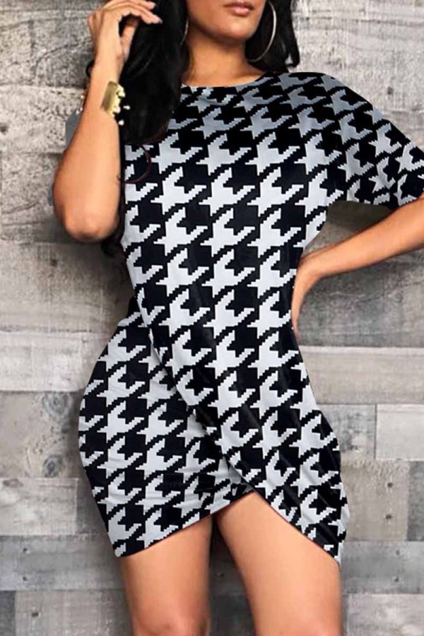 Black Gray Fashion Casual Print Asymmetrical O Neck Short Sleeve Dress