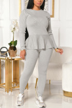 Grey Fashion Casual Solid Strap Design O Neck Long Sleeve Two Pieces