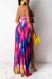 Blue Orange Fashion Sexy Print Tie Dye Backless Slit Strapless Sleeveless Two Pieces