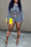 Black And White Sexy Striped Patchwork Turndown Collar Long Sleeve Two Pieces