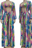 Blue Green Rose Red Sexy Tie Dye Patchwork Frenulum SwimwearsThree Pieces