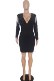 White Celebrities Cap Sleeve Long Sleeves V Neck Lantern skirt Knee-Length Solid Patchwork tasse