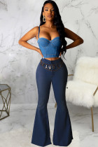 Blue Denim Zipper Fly Button Fly Mid washing Pocket Zippered Solid Boot Cut Pants Pants