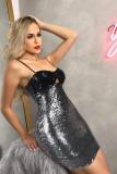 Silver adult Fashion Sexy Spaghetti Strap Sleeveless Slip Step Skirt skirt Sequin Solid Club Dre