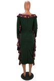 Red Sexy Fashion Off The Shoulder Long Sleeves One word collar A-Line Ankle-Length Patchwork 