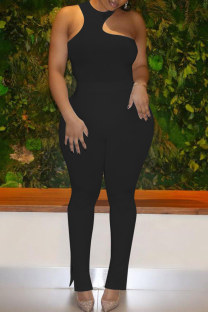 Black Casual Solid O Neck Sleeveless Two Pieces