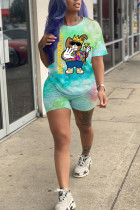 Blue Fashion Casual Print Character Two Piece Suits Straight Short Sleeve Two Pieces