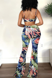 Tibetan Blue Sexy Print Hollowed Out Spaghetti Strap Boot Cut Jumpsuits