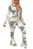 White Fashion Casual Print zipper Long Sleeve O Neck Jumpsuits