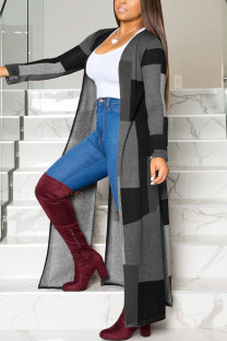 Black Casual Elegant Twilled Satin Plaid Print Cardigan Bateau Neck Outerwear
