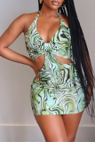 Light Green Sexy Print Hollowed Out Halter Pencil Skirt Dresses