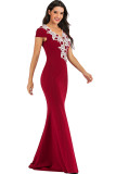 Red Sexy Cap Sleeve Short Sleeves V Neck Step Skirt Floor-Length Solid Print