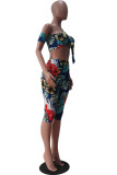 Orange Sexy Print Patchwork Off the Shoulder Short Sleeve Two Pieces
