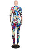 As Show Drawstring Low Print Patchwork pencil Pants Two-piece suit