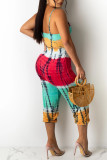 Blue Purple Sexy Casual Print Tie Dye Backless V Neck Sleeveless Two Pieces