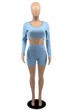 Light Blue Fashion Casual Basic O Neck Long Sleeve Two Pieces