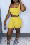 Grey Sportswear Solid Patchwork One Shoulder Sleeveless Two Pieces