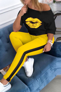 Yellow Fashion Casual Print Two Piece Suits Straight Half Sleeve Two Pieces