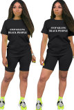 Black Fashion Active Casual Letter Draped Straight Short Sleeve Two Pieces