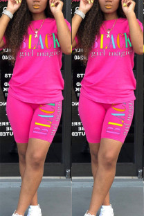 rose red Fashion Casual adult Letter Patchwork Print Two Piece Suits pencil Short Sleeve Two Pieces