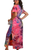 Pink Europe and America Short Sleeves O neck Pencil Dress Ankle-Length Print Tie and dye Dresses