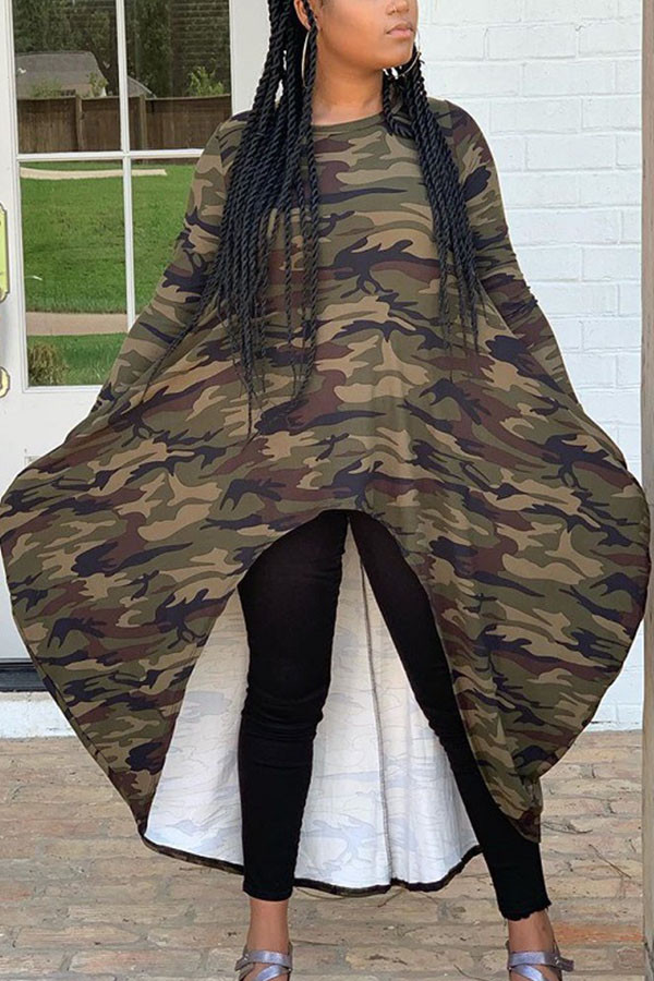 Army Green Fashion Daily Adult Milk Fiber Camouflage Print O Neck Long Sleeve Ankle Length Asymmetrical Dresses
