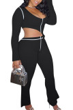 Black Sexy Europe and America Patchwork Solid asymmetrical Straight Long Sleeve Two Pieces
