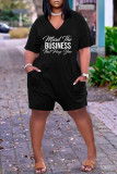 Deep Blue Fashion Casual Letter Print Basic V Neck Regular Romper