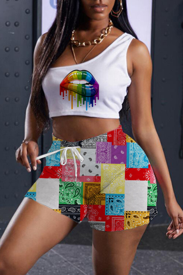 White Fashion Casual Print Basic One Shoulder Sleeveless Two Pieces
