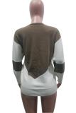 Brown O Neck Long Sleeve Patchwork Solid