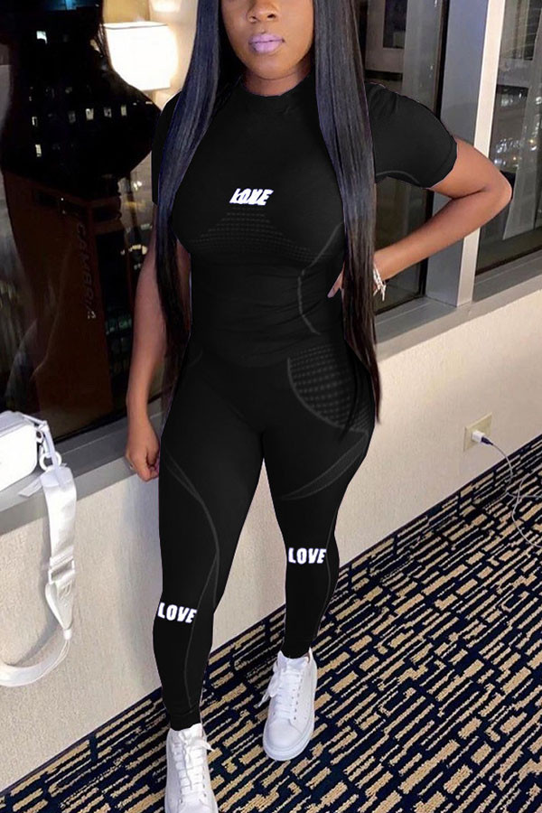 Black Milk Silk Fashion Active adult Ma'am Letter Two Piece Suits Straight Short Sleeve Two Pieces