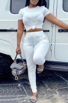 White Fashion Casual Solid Basic O Neck Short Sleeve Two Pieces