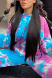 Blue Sportswear Spandex Blends Print Draw String Tie-dye Hooded Collar Long Sleeve Regular Sleeve Regular Two Pieces