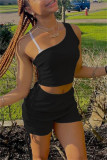 Grey Fashion Casual Solid Backless One Shoulder Sleeveless Two Pieces