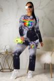 Green Active Print Straight Long Sleeve Two-piece Pants Set