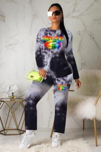 Black Active Print Straight Long Sleeve Two-piece Pants Set
