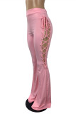 Pink Fashion Casual Solid Hollowed Out Strap Design Boot Cut Mid Waist Trousers