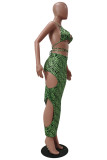 Green Fashion Sexy Print Hollowed Out Backless Swimwears Three-piece Set