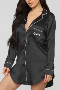 Black Living Solid Embroidered Shirt Collar Shirt Dress Dresses