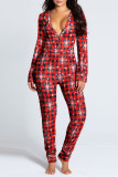 Decorative Pattern Casual Print V Neck Skinny Jumpsuits