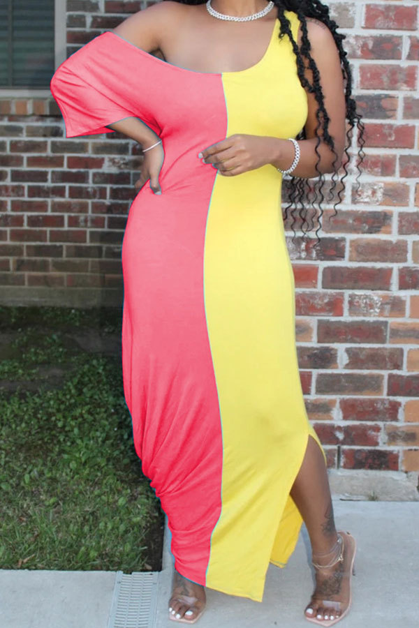Pink Fashion Casual adult White Pink Yellow Light Blue purple Off The Shoulder Short Sleeves one shoulder collar Asymmetrical Ankle-Length Print Patchwork Colouring Draped split asymmetrical Dresses