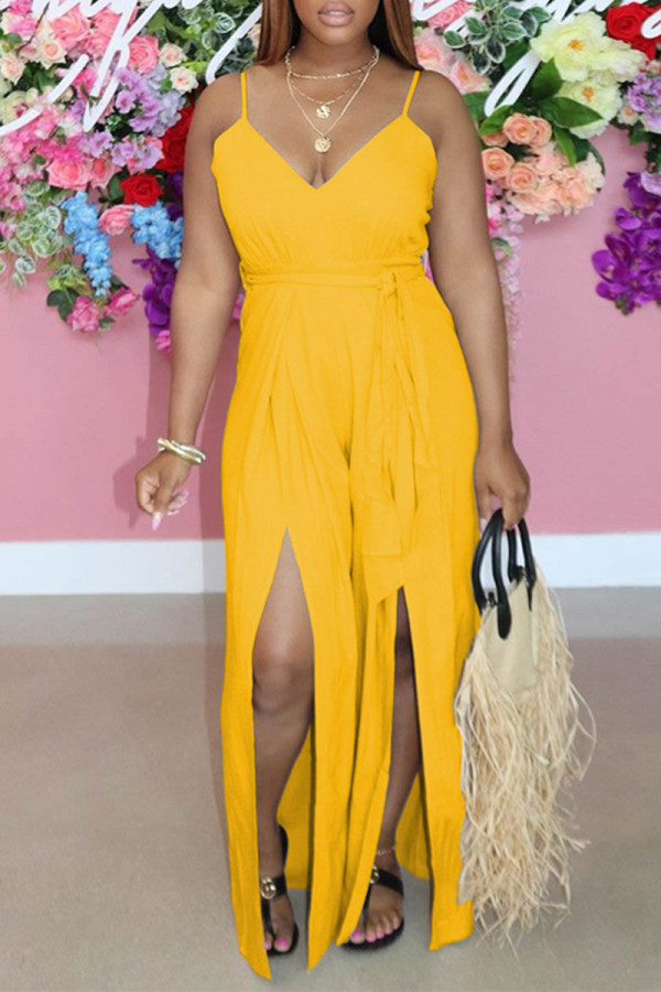 Yellow Fashion Sexy Solid Backless Slit V Neck Sling Dress