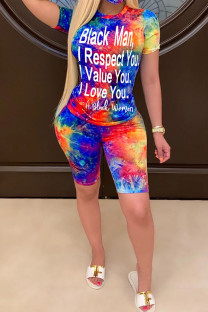 Blue Fashion Casual adult Ma'am Letter Print Two Piece Suits Straight Short Sleeve Two Pieces