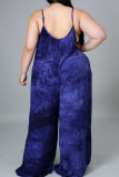 Blue Casual Print Patchwork Spaghetti Strap Plus Size Jumpsuits
