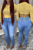 Baby Blue Fashion Casual Solid Basic Mid Waist Skinny Jeans