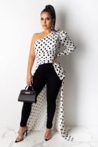 White One Shoulder Collar Long Sleeve asymmetrical Dot Print Slim fit Patchwork Long Sleeve Top