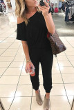 Coffee Sexy Fashion Solid Patchwork Short Sleeve one shoulder collar Jumpsuits