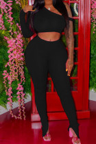 Black Sexy Ma'am Solid Split asymmetrical Two Piece Suits Skinny Long Sleeve Two Pieces