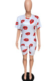 Black Fashion Casual adult Patchwork Print Two Piece Suits Lips Print Straight Short Sleeve Two Pieces