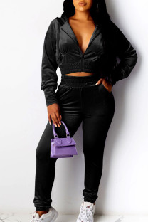 Black Street Solid Hooded Collar Three Quarter Regular Sleeve Short Two Pieces